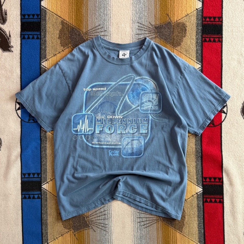 Coaster Gear Cedar Point Millennium Force Roller Coaster T-Shirt Blue Mens L